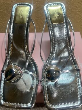 Hanifa, SOLANA Silver Sculptural Ball/dice, Square-Toe Mules- Size (42). NWT